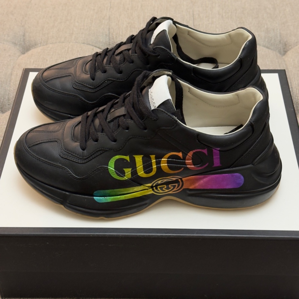 Gucci Black Sneakers with Rainbow Logo